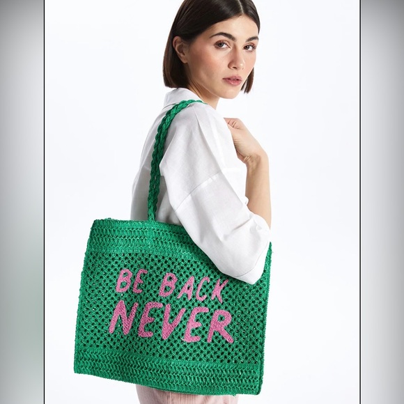 Pink & Green “Be Back Never” Raffia Tote - Picture 4 of 8